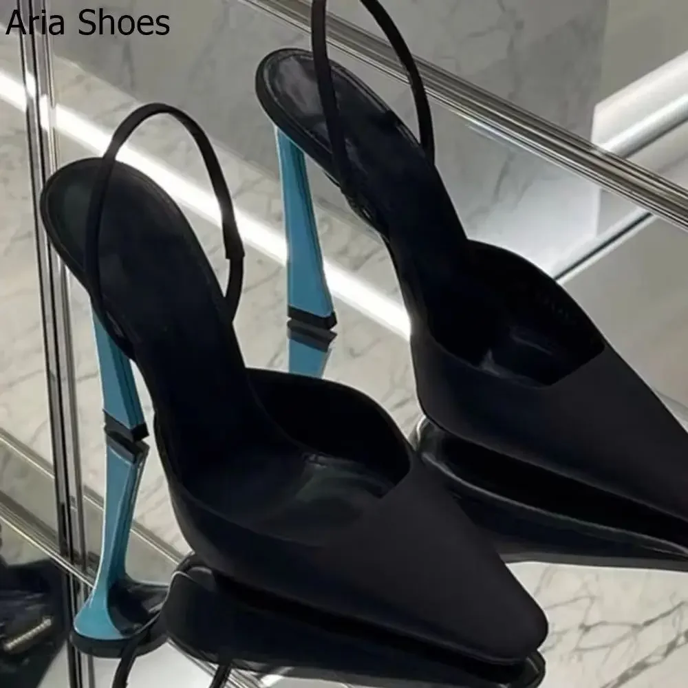 

2026 Новые небесно-голубые босоножки на каблуке, атласные женские босоножки на мелкой пятке с ремешком сзади, черные сексуальные летние туфли на высоком каблуке с квадратным носком