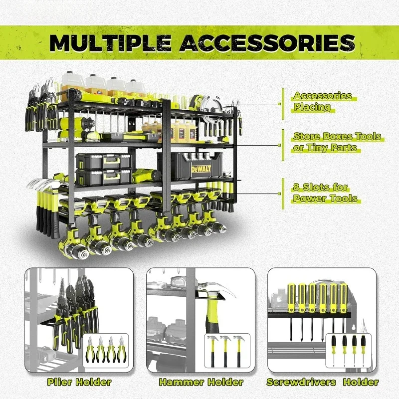 4 Layers Wall Mount Power Tool Organizer 8 Drill Holder Garage Tool Storage Rack with Screwdriver Holder