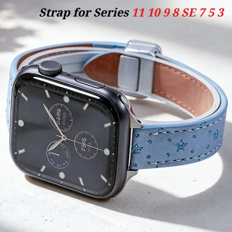 Schlankes Star Magnetic Lederarmband für Apple Watch 49mm 44 40mm 41 42 38mm 45 46mm Armband für Series 11 10 9 8 SE 7 6 5 4 3 Correa