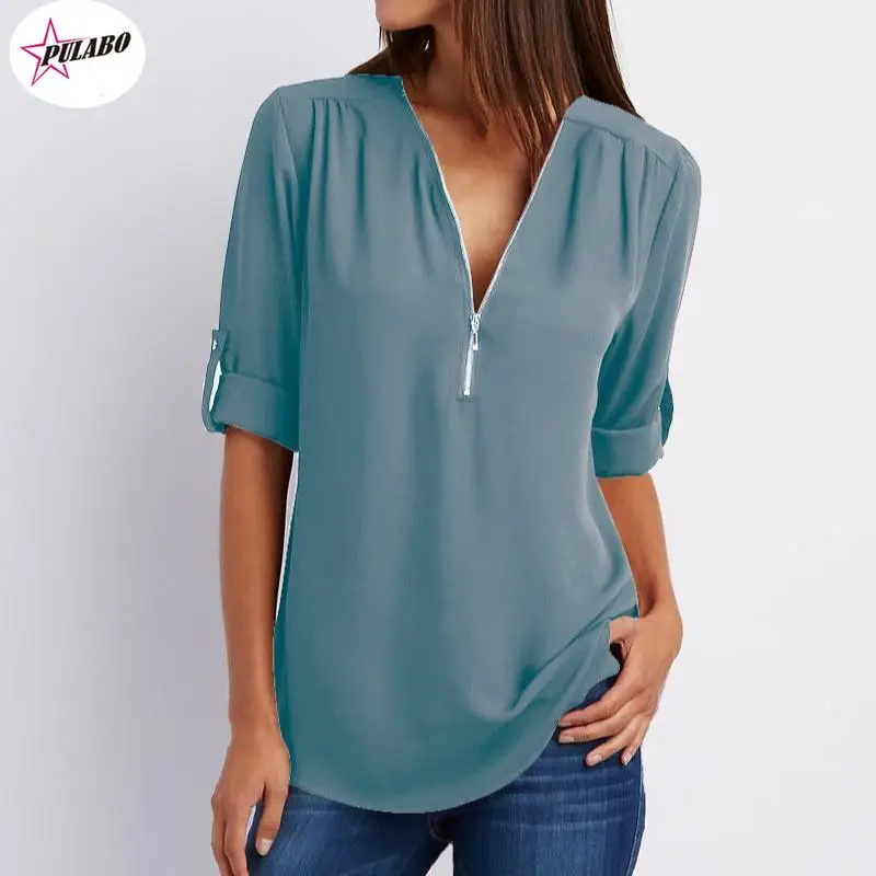 PULABO Spring Summer Loose Chiffon Blouse Shirts Casual Long Sleeve Women's Tops Blouses V Collar Zipper Female Clothes