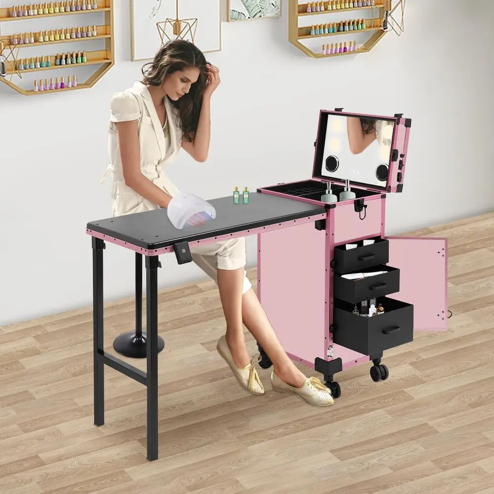 

Portable Rolling Manicure Table for Nail Teach w Audio amp Mirror, Professional Makeup Storage Manicure Dressing Table with Whe