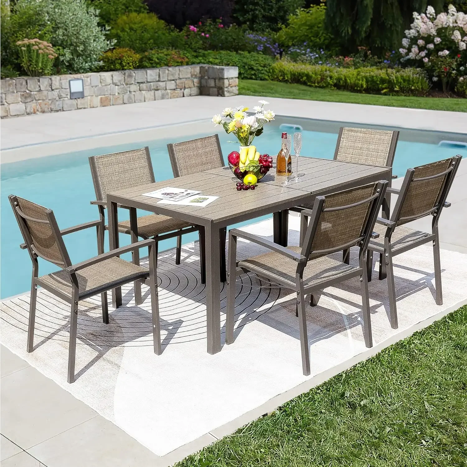 

7 Piece Patio Dining Set Outdoor Furniture Set with Weather Resistant Table and 6 Stackable Textilene Chairs for Garden