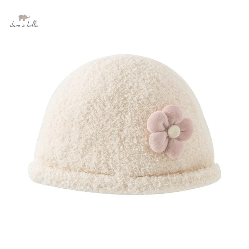 Dave Bella Winter Baby Girls Warm Flower Knitted Hats Children Beige Hat Soft Comfortable Kids Hat For 2-8Years DB4243809