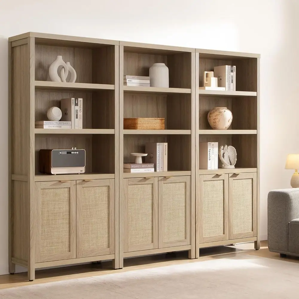 

71 Tall 5-Tier Rattan Boho Style Bookcase for Home, Office, Living Room, and Bedroom Storage