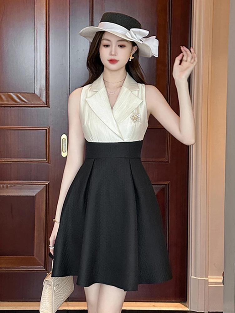 French Style Elegant Fake 2 Piece Dress Women Sweet Apricot Black Contrast Brooch Pleated Short Gown Female Party Work Vestidos