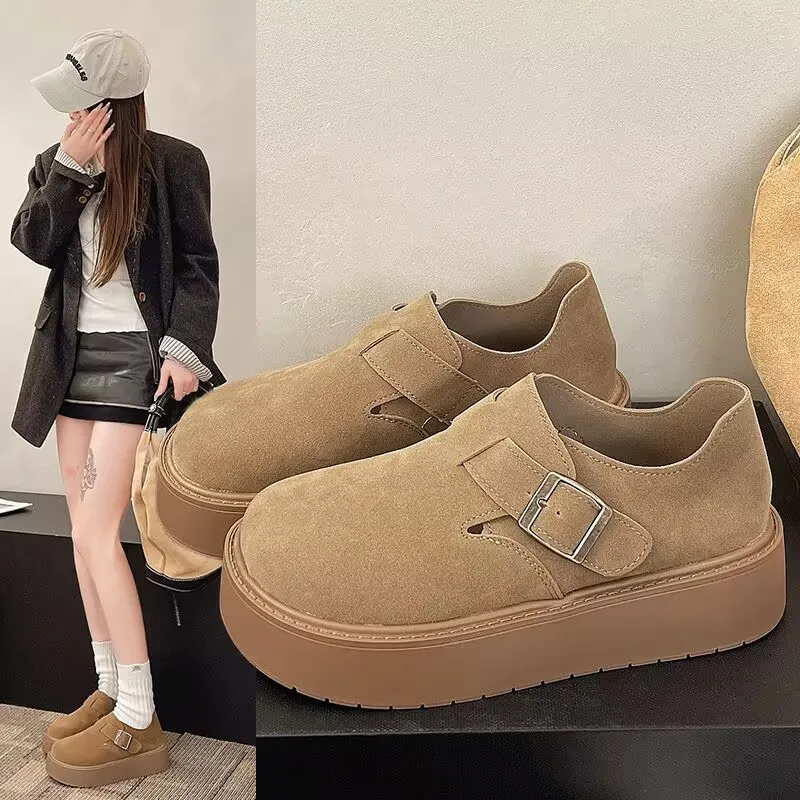 Bolo de esponja sapatos Boken de sola grossa para mulheres na primavera de 2025 nova altura aumentando e versátil sapatos únicos Le Fu sapatos Boken