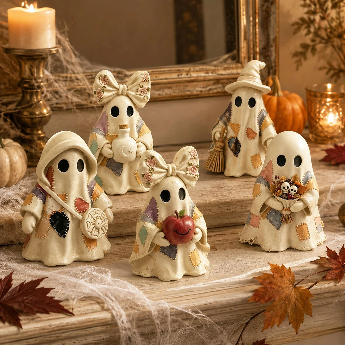 Halloween Decoration Gift Cute Patchwork Ghost Figurine Ornaments,Ghost Statue for Shelf Mantel New Year's Gifts Tabletop Home D