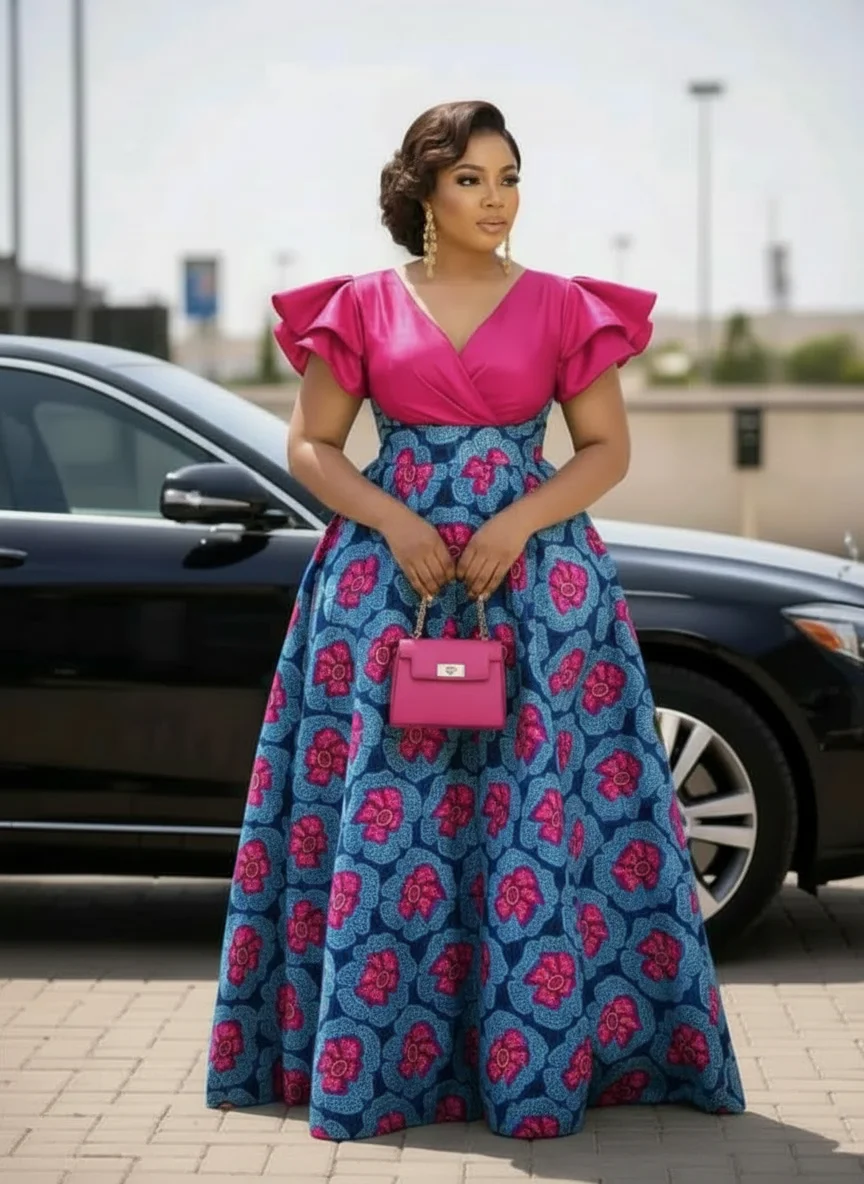 

Plus Size Color Block Floral Print Maxi Dress Women V Neck Ruffle Sleeve A Line Flared Formal Dress For Wedding Guest Church Eve