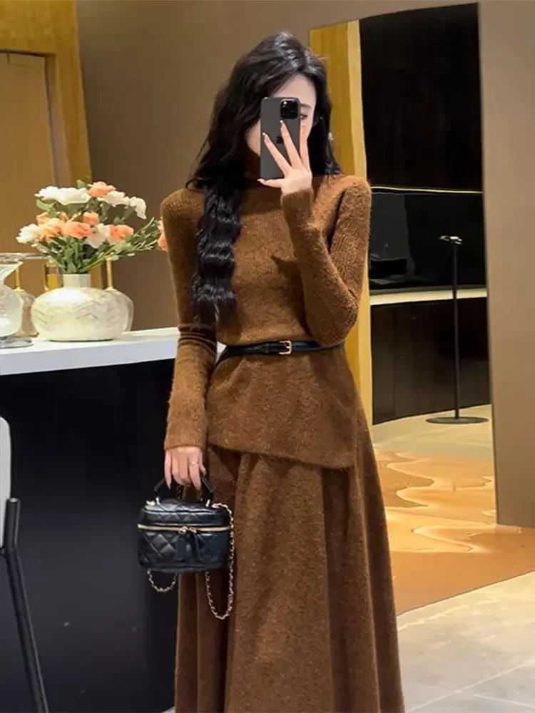 Female Knit Dress Retro Maxi Evening Turtleneck Robe Women\'s Crochet Dresses Grey Long Basic Youthful Elegant Pretty Luxury New