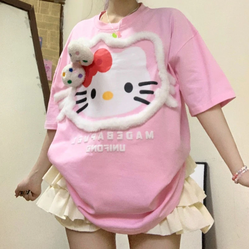 Nowa koszulka Sanrio Hello Kitty różowa koszulka z krótkim rękawkiem czarna moda Y2k Top kobiety Cute Cartoon estetyczne koszulki modne