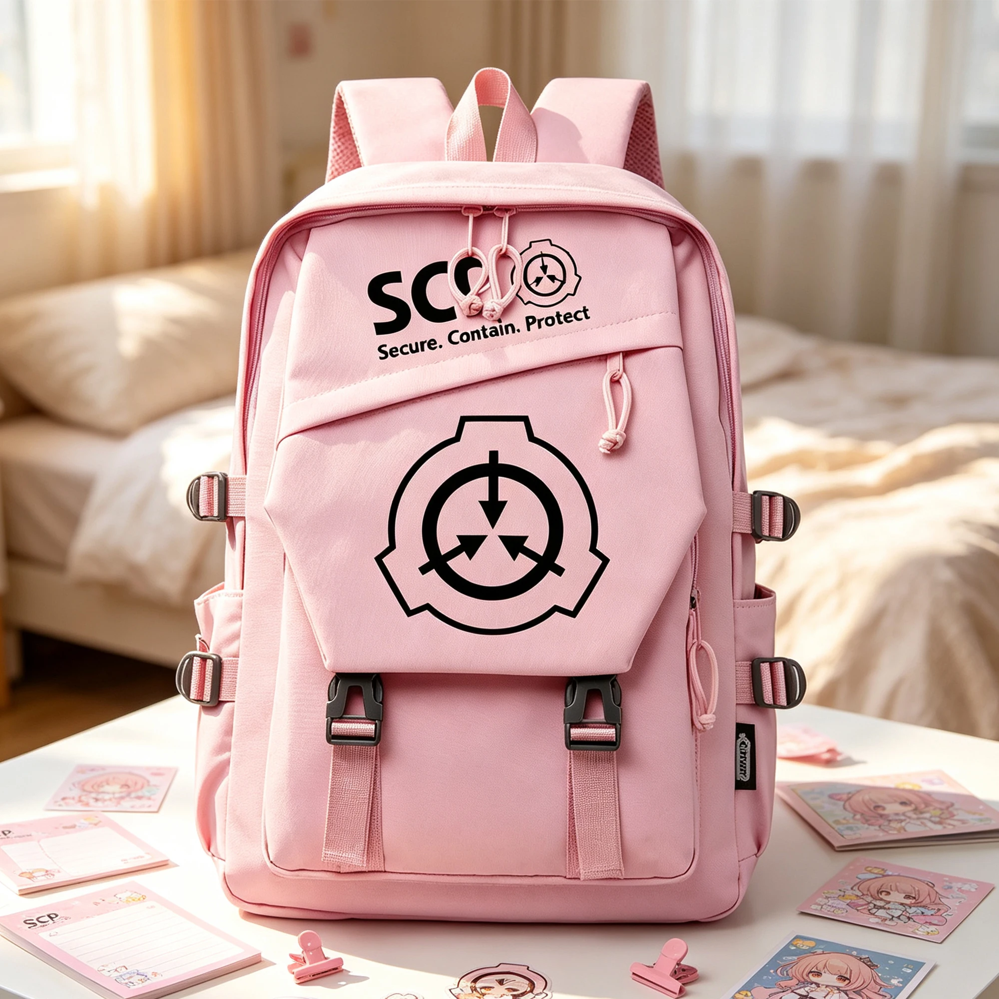 アニメscp財団学生向けカートゥーンデザインスクールバッグ、女の子向けファッションラップトップショルダーバッグ、カジュアルブックバッグ