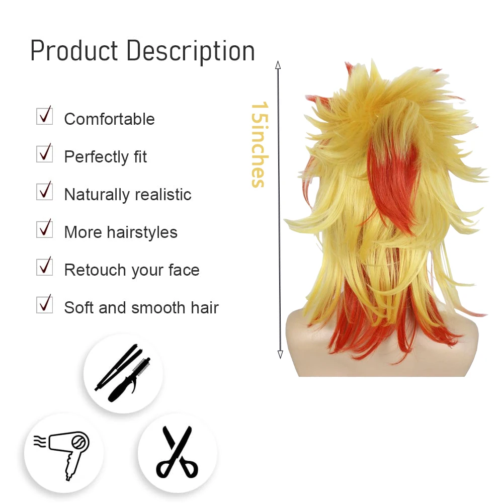 Anime Rengoku Kyoujurou ‌   Capelli sintetici cosplay per uomini e donne, adatti per parrucche resistenti al calore per feste quotidiane