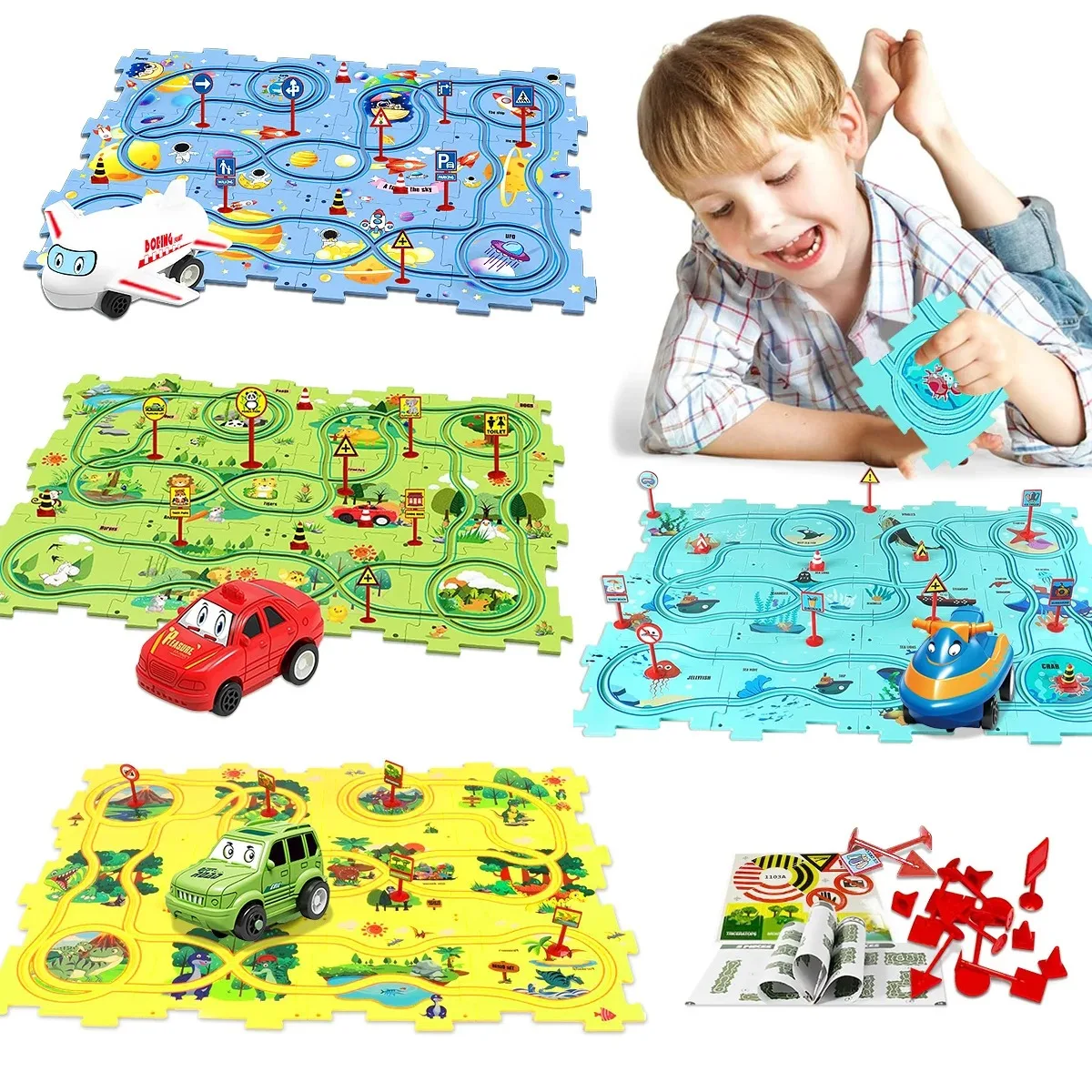 New Puzzle Set Children\'S Toys Multi-Functional Railroad Car Mini Road Signs Diy Jigsaw Puzzle Toys Boys Girls Exquisite Gifts