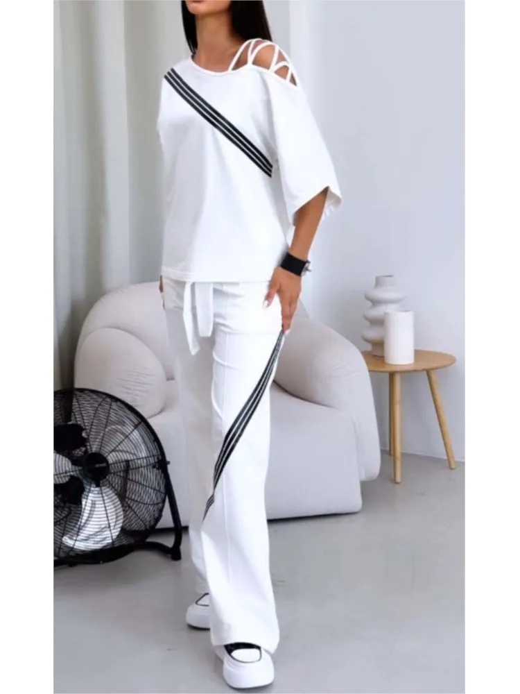 Set da due pezzi in cotone moda donna tuta sportiva bianca camicia ampia sexy con spalle scoperte + pantaloni casual abbigliamento sportivo tuta da donna 2 pezzi