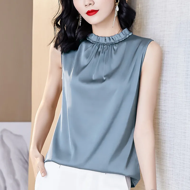 Korean sweet elegant versatile ice silk shirts Plus size lotus leaf collar Acetate satin Vest Tops office lady chiffon tanks