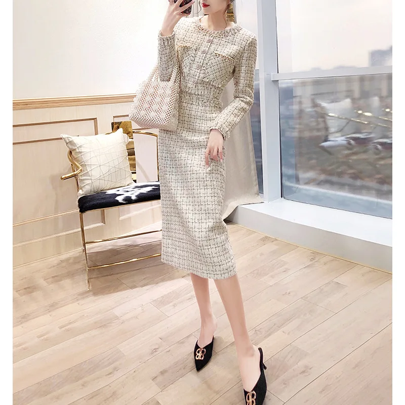 Women\'s Fashion Tweed Suit Dress Autumn O-neck Long Sleeve Single Breasted Plaid Elegant Dress New Evening Party Vestidos Robes