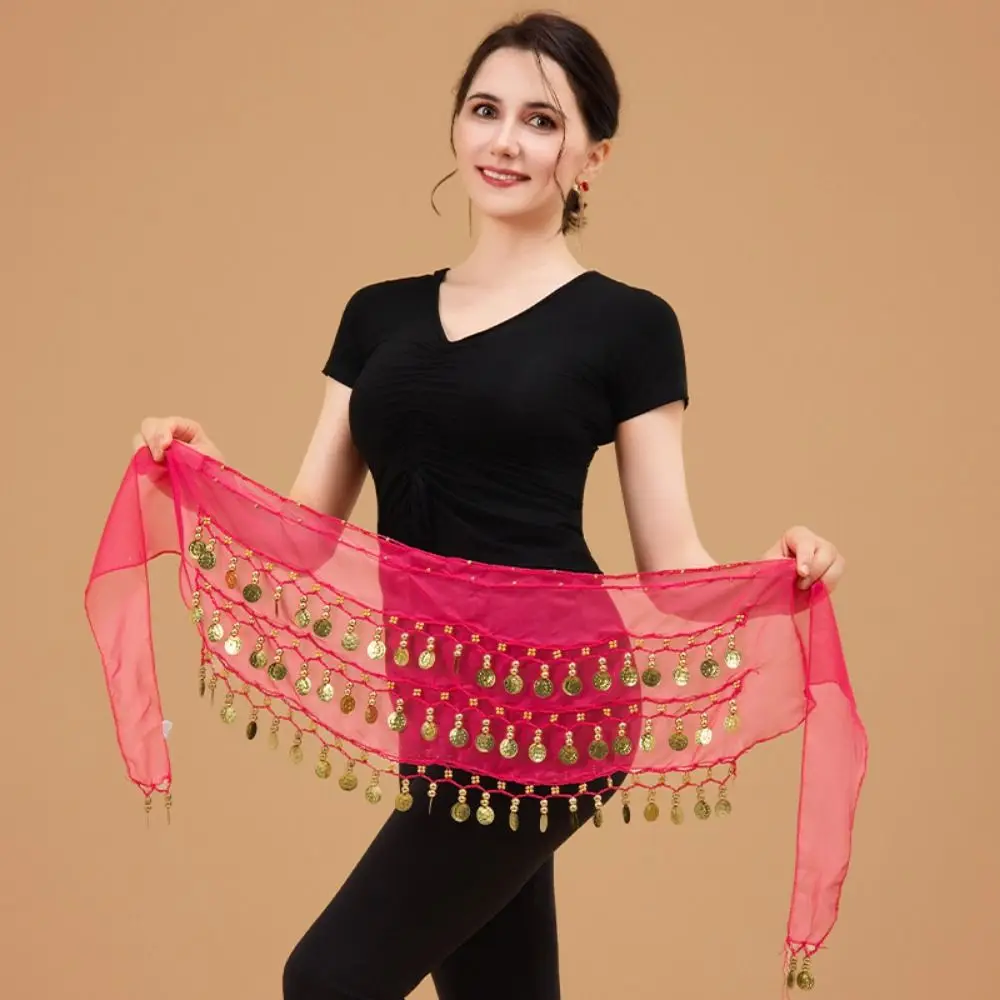 Moedas de cor dourada dança do ventre lenço de quadril três camadas material chiffon corrente de cintura de dança do ventre ajuste confortável fácil de usar