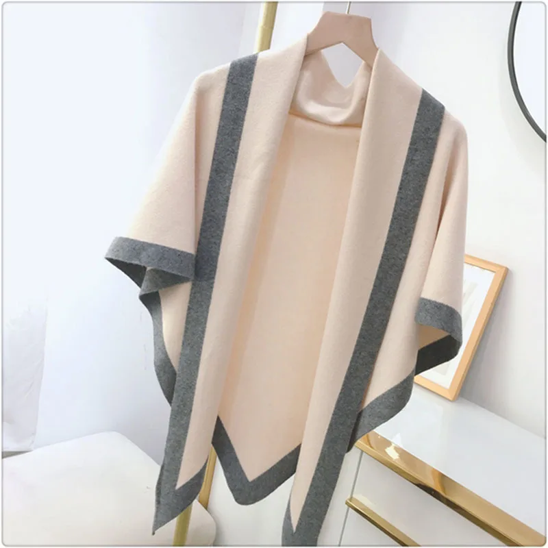 Women Wool Blend Cashmere Knitted Solid Color Triangular Shawl with Contrast Border Stole Wrap Scarf 7 Colors Dropshipping