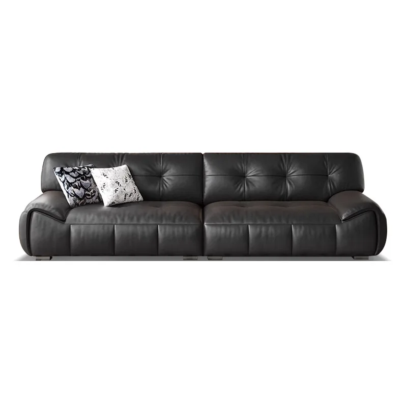 

Italian modern leather art sofa high backrest living room texture black retro straight row brown sugar small apartment