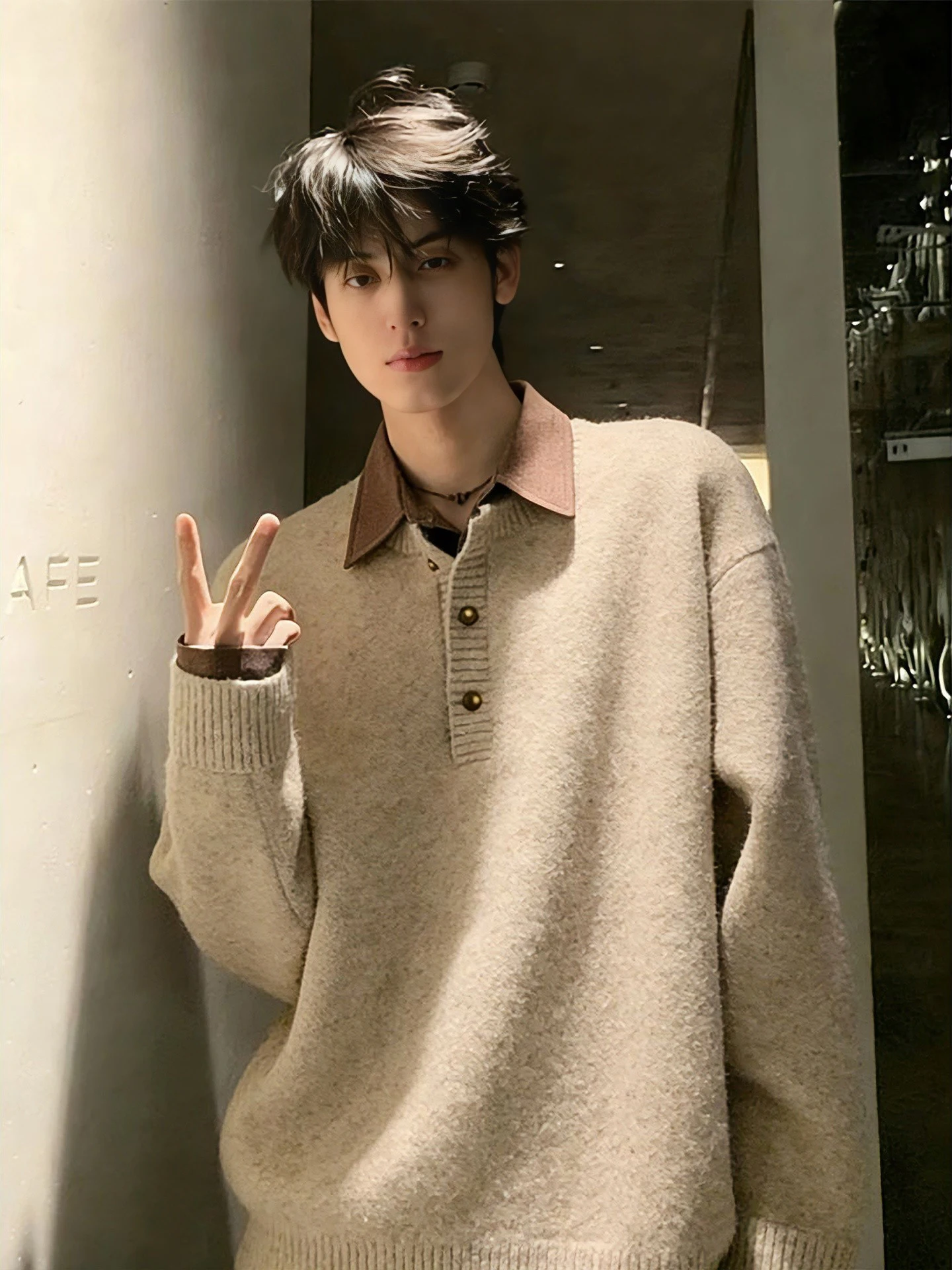 

Khaki American Retro Fake Two-Piece Knitwear Men's Thiened Denim irt Collar Winter Base irt Casual Loose Fit Long Sve