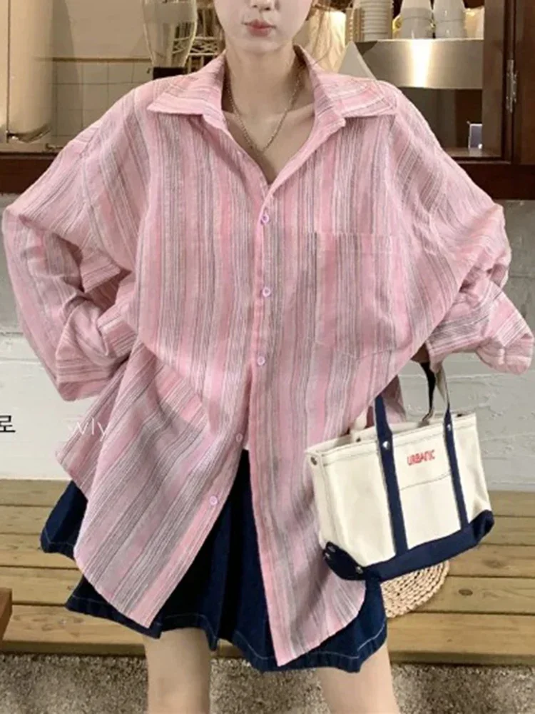 الكورية أزياء القطن الكتان فضفاضة المناسب المرأة طويلة الأكمام قميص الحماية من الشمس الربيع كسول نمط الرجعية المرأة قميص مخطط