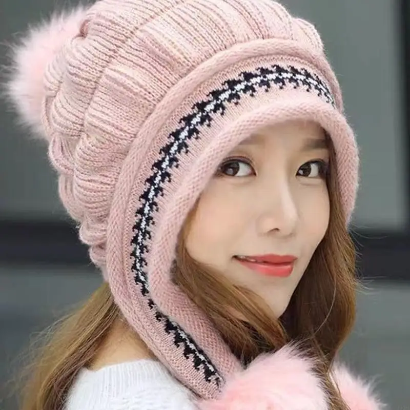 Soft Textured Ear Warmer Hat Triple Pompoms Accents For Women Stylish Winter Outfits Daily Activities 6XDA