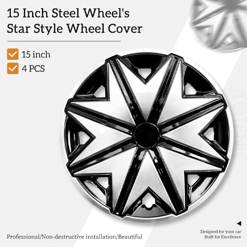 

15 inch Starfish Style Hubcaps Black & Silver Wheel Covers for Cars Set of 4 Fits Honda Volkswagen, Chevy, Mazda,Dodge Hub Caps