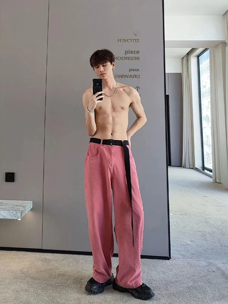 

Cleanfit Light Blue Men's Summer Straight Leg Jeans High Waist Slim Fit Casual Wear Resistant Wear Pink Color Trendy Street S...