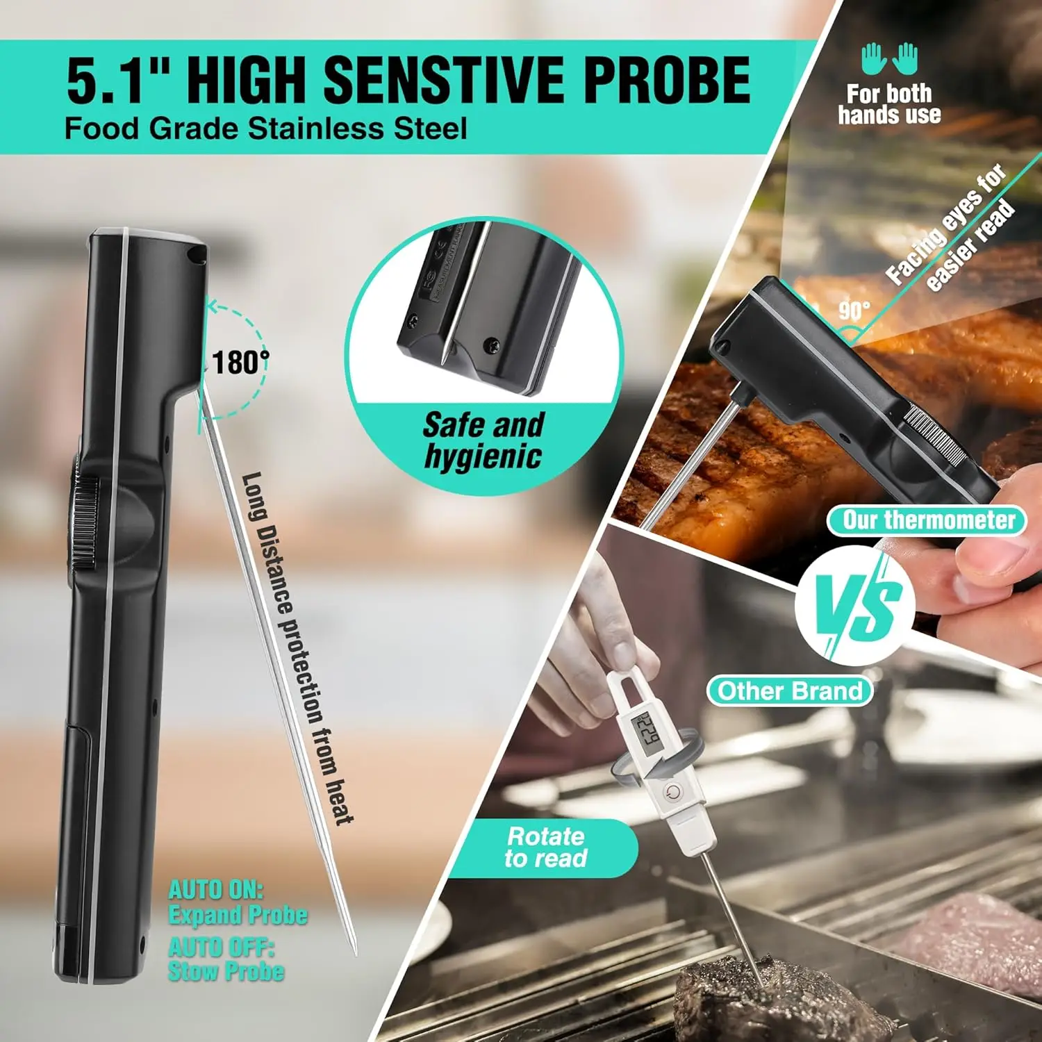 Instant Read Digital Meat Thermometer, High Accuracy Probe with Timer & Quick-Set Scroll Interface for Grill, BBQ, Frying