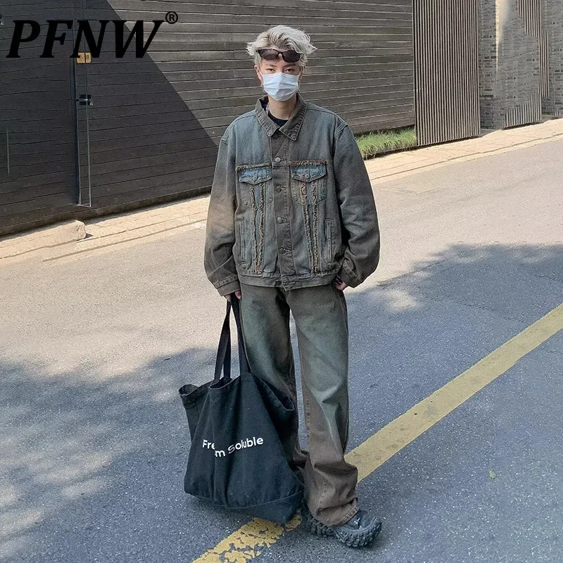 

PFNW New Stylish Male Set Die Dye Denim Jacket Straight Wide Leg Jeans Vintage Worn-out Washed Men‘s Two-piece Autumn 28W3952