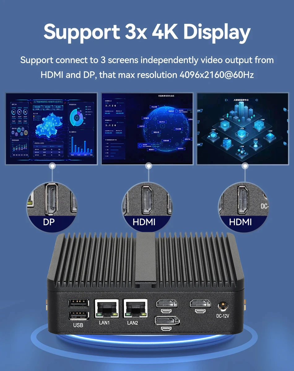 Intel N150 Mini PC 2x HDMI DP 6x USB 2x RS232 DB9 2x Ethernet M.2 NVMe SSD Windows 10/11 Ubuntu SIM Slot 4G LTE WiFi