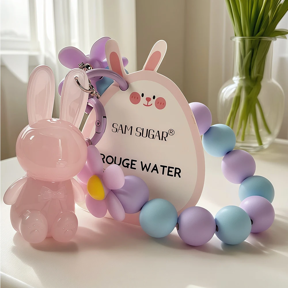 Cartoon Cute Rabbit Hand Bracelet Keychain Moisturizing Lip Gloss Waterproof Non Stick Cup Mirror Glaze Long Lasting