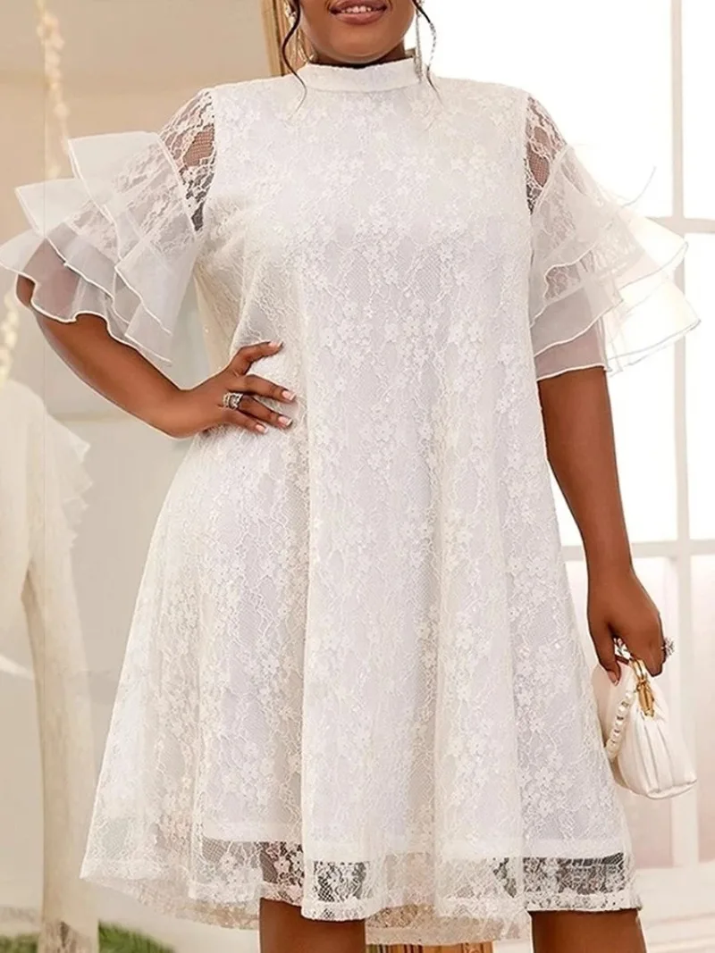 

White Vintage Lace Dress for Women Loose A Line Cotton Mesh Dress with Flared Sleeves Short Summer Dress Wholesale Dropshipping