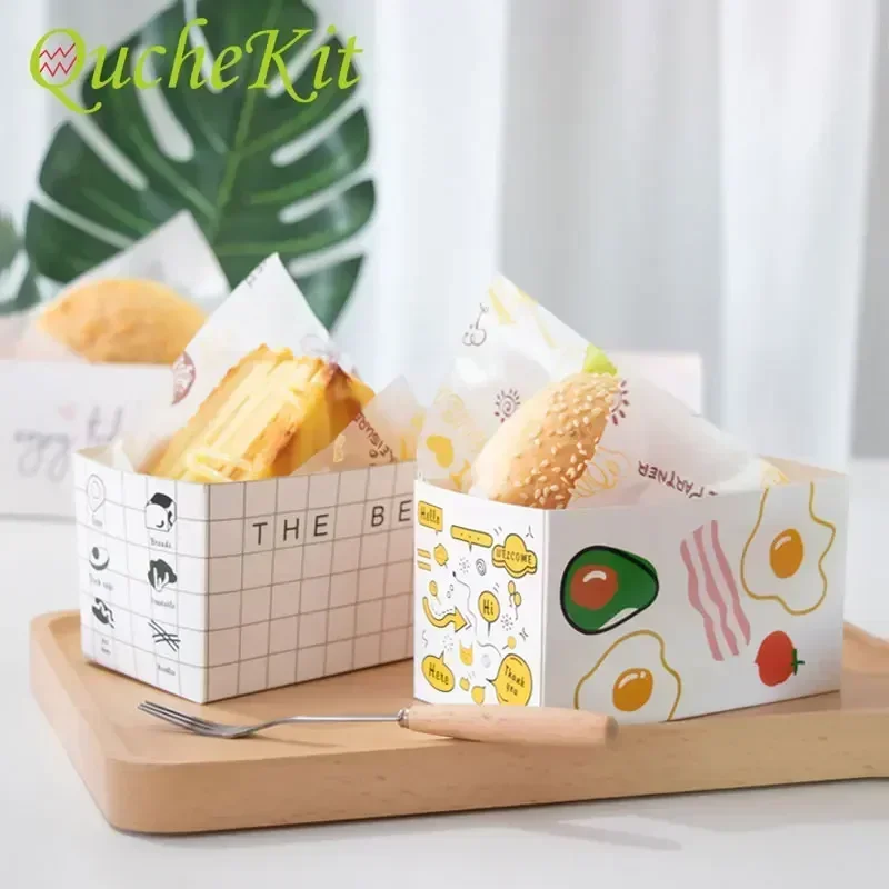 50pcs Square Disposable Food Wrapping Paper Box Oilproof Sandwich Wrapping Egg Toast Breakfast Packaging Boxes Restaurant Supply