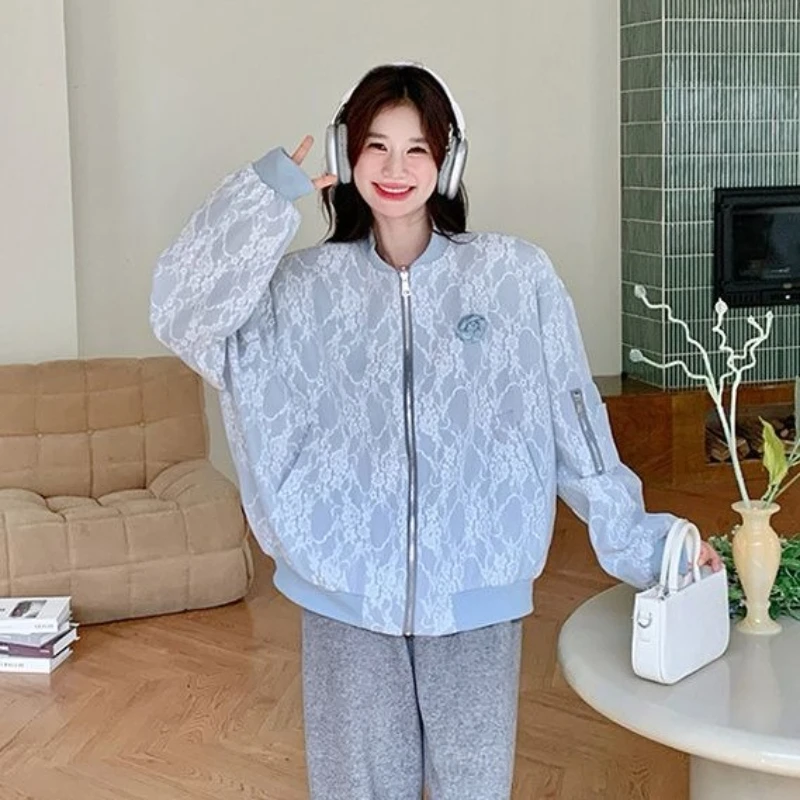 Giacca da baseball in pizzo da donna autunno 2025 Vestibilità ampia Capispalla dimagrante Cappotto casual stile street