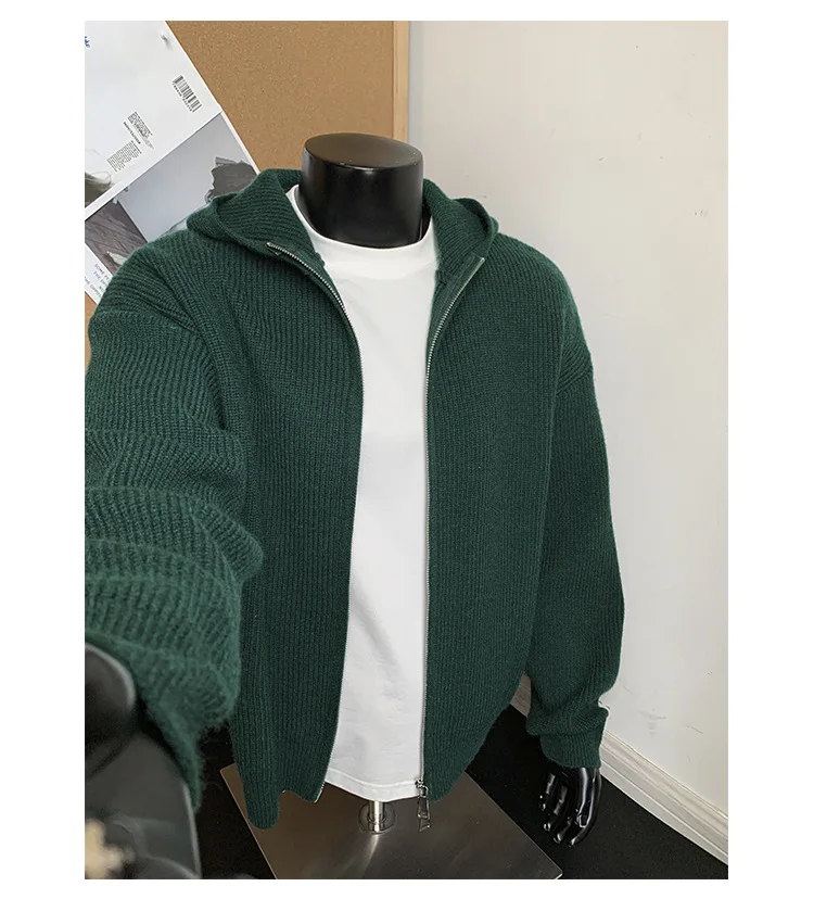 2026 New Autumn Winter Simple Solid Color Knitted Hoodie Men Japan Korean Fashion Casual Loose Double Zipper Hooded Jacket