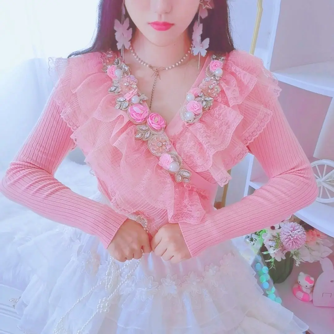 High Quality Women's Sweater 2026 Autumn Winter Sexy V-neck Long Sleeve Knitted Pullovers 3D Flowers Chic Korean Sweater Jumper