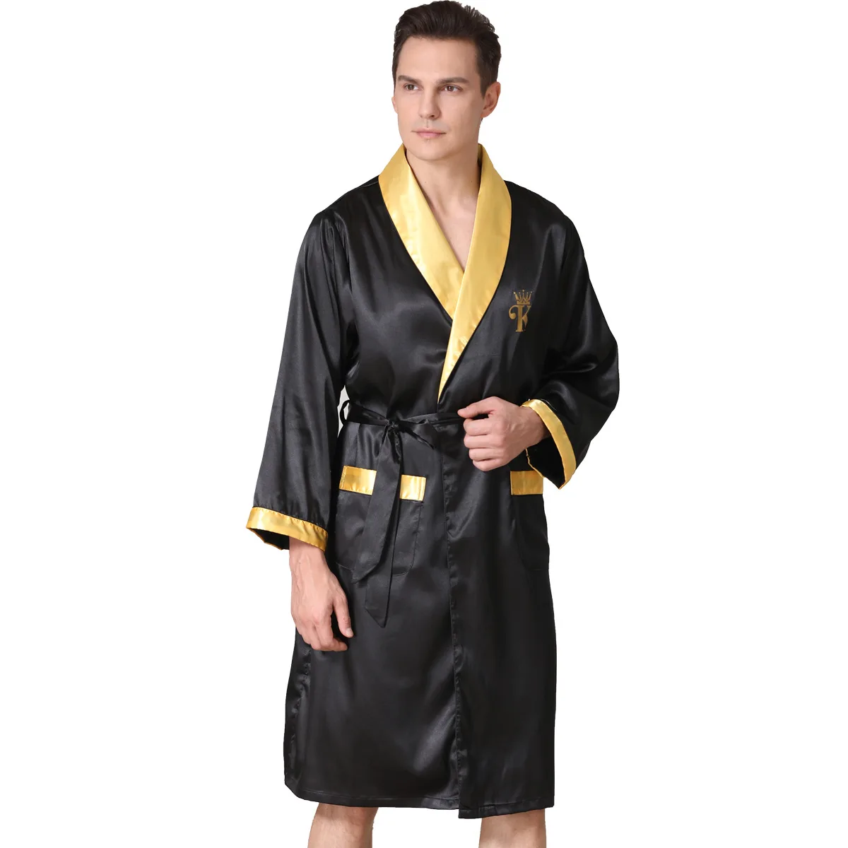 Roupão de seda quimono masculino com cinto, pijamas soltos, roupa de casa, pijamas casuais masculinos, vestido de noite com mancha