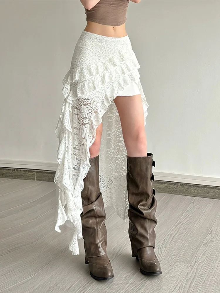 Seksowna spódnica z koronkowym wykończeniem, asymetryczna, z wysokim stanem, wyszczuplająca, w stylu koreańskim, do pracy, o kroju litery A, z poliestru.