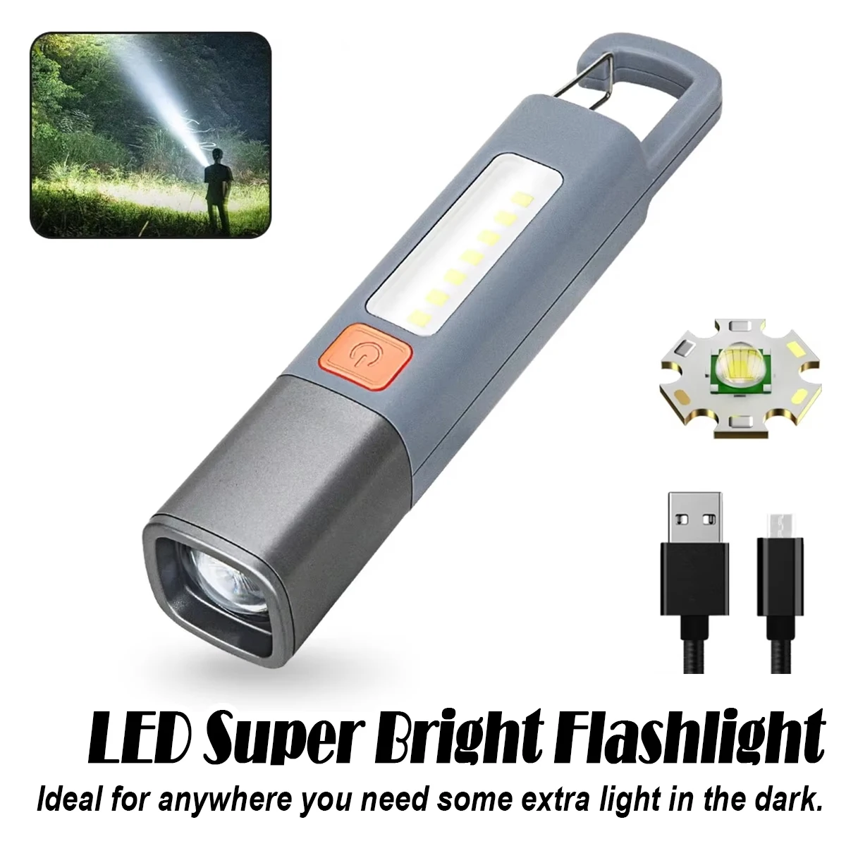 LED Flashlight With Hanging Hook Strobe For Camping Bright Torch Waterproof Zoomable Portable COB Light Lighting Emergency Super