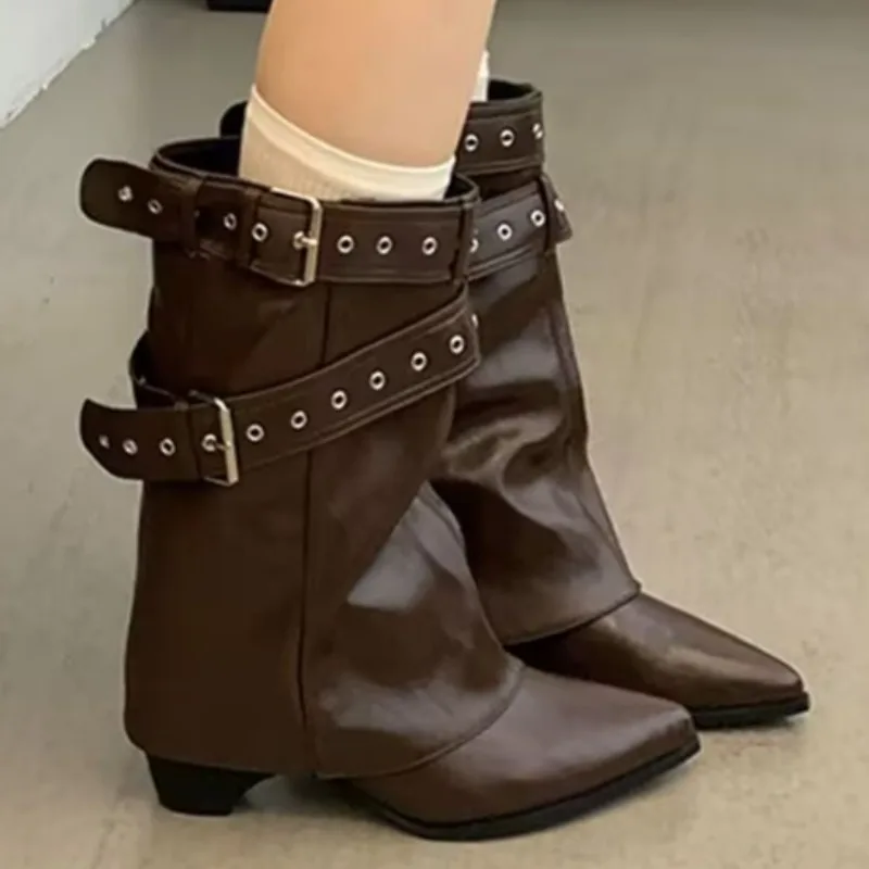

Women Pointed Toe High Heels Ankle Boots Fad Buckle Cozy Shoes Designer Chunky Chelsea Short Boots 2025 Winter New Party Pumps