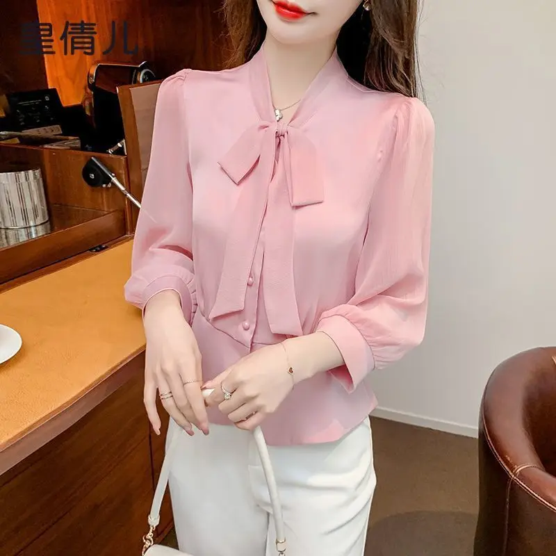 Spring Autumn New Simplicity Commute Solid Color Blouses V-Neck Drawstring Bow Loose Single-breasted Long Sleeve Women\'s Shirts