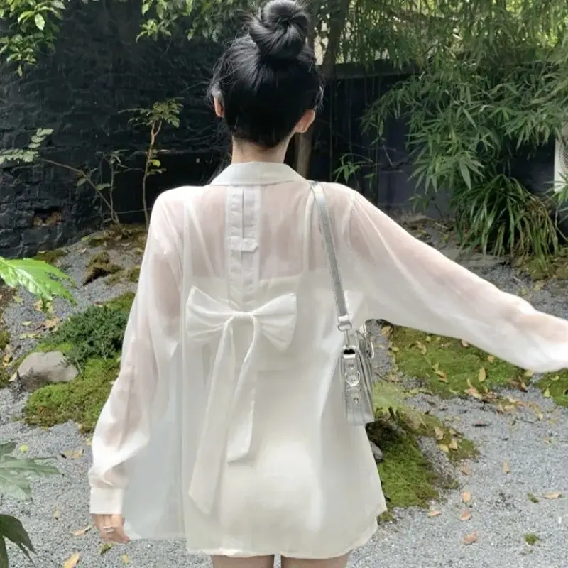 

Temperament Bow Patchwork Blouse Summer New Long Sleeve Solid Perspective Thin Loose Shirt Tops Fashion Elegant Women Clothing