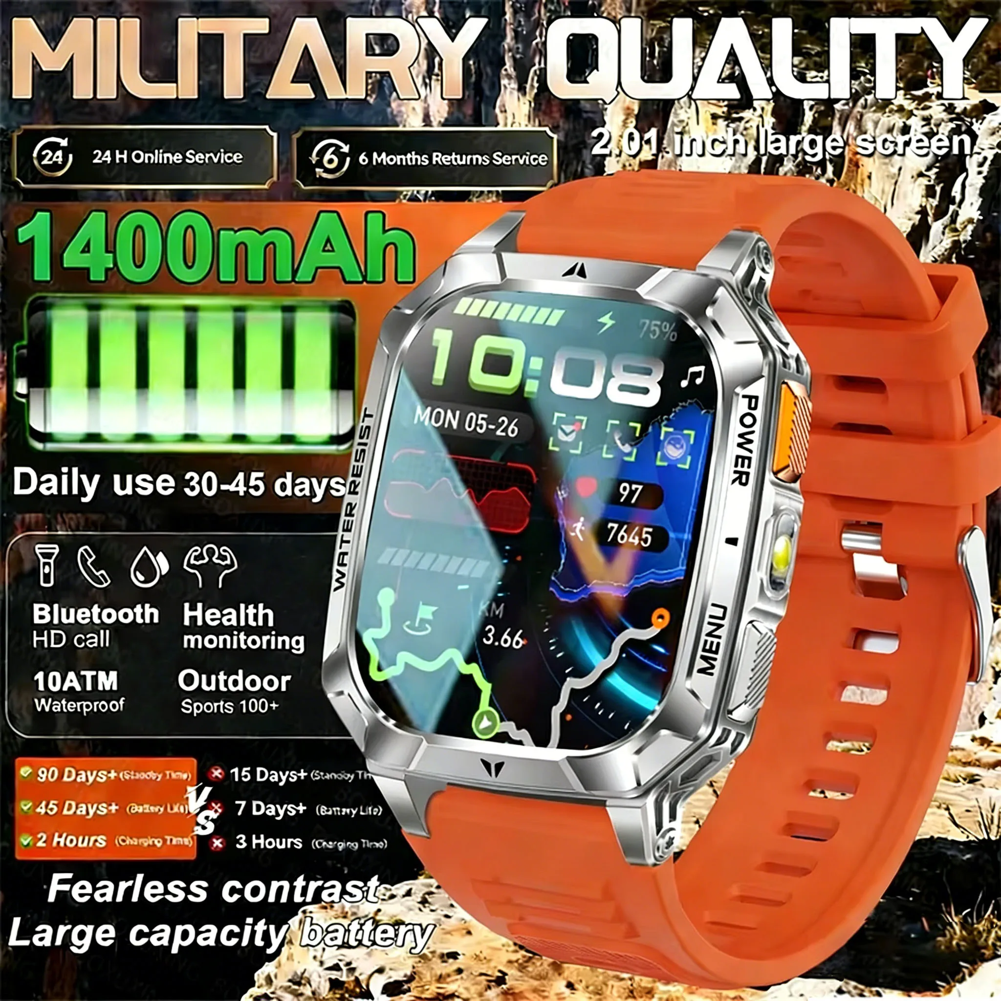 

Outdoors Durable Men Sports Smart Watch 2026 1400mAh Battery LED Flashlight IP69K Waterproof Bluetooth Call Military Smartwatchs