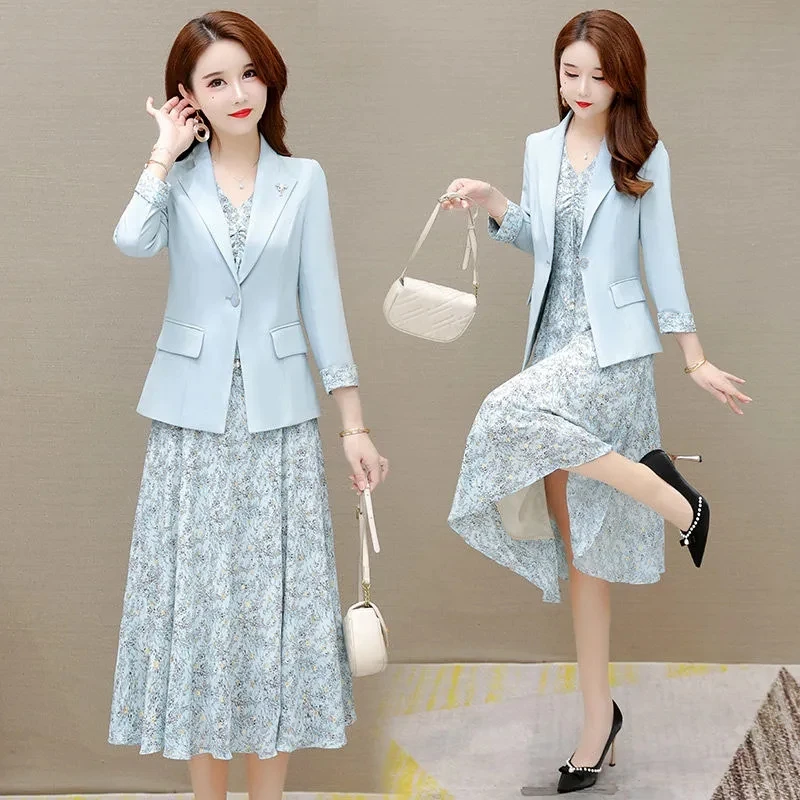 Elegant Floral Dress Suits Fashion 2 Piece Set Women Outfits Casual Thin Chiffon Blazer Jacket And Sleeveless Midi Print Dresses