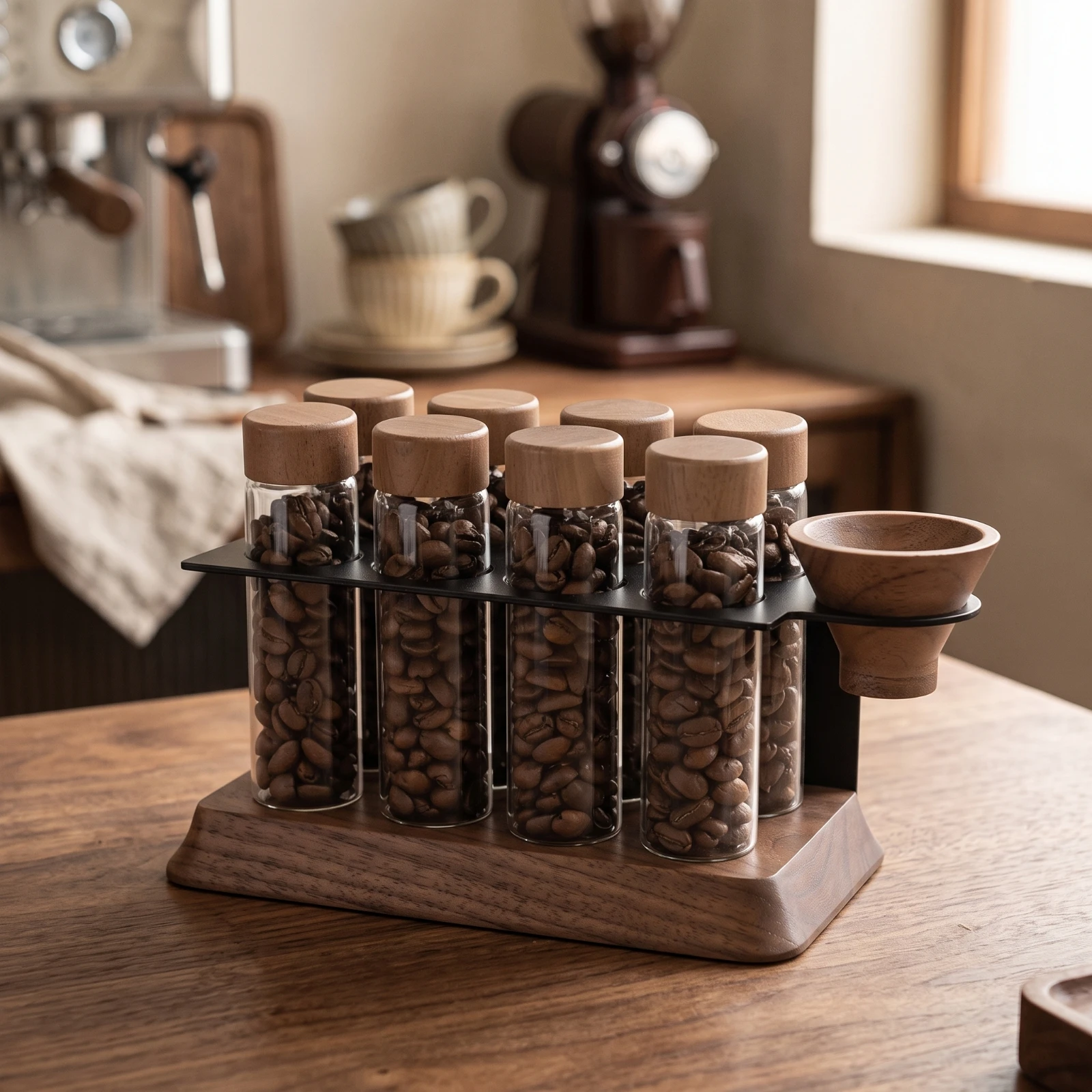Coffee Bean Storage Rack with Funnel Single-Dose Coffee Bean Storage Rack 8-Hole Countertop for Baristas, Kitchen Counter, Cafe