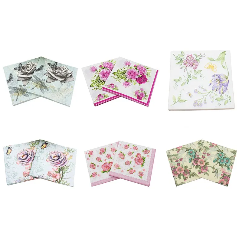 20pcs Disposable printed Flower Paper Napkins For Event & Party Decoration Tissue Decoupage Servilleta 33cm*33cm Wholesale