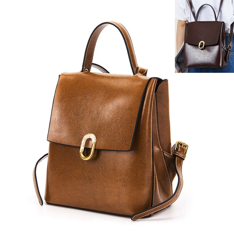 

Women Genuine Leather Backpack Rucksack Satchel Student Bag Grils School Book Lady Oil Wax Cowhide Female Daypack Knapsack