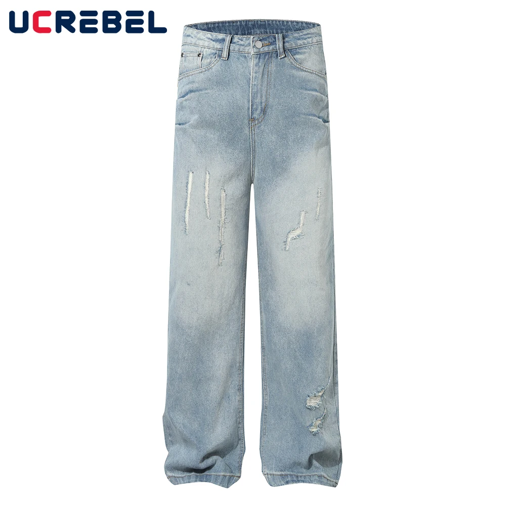 

Ripped Denim Straight Pants Mens Retro Streetwear High Street Cowboy Washed Distressed Baggy Wide Leg Jeans Man