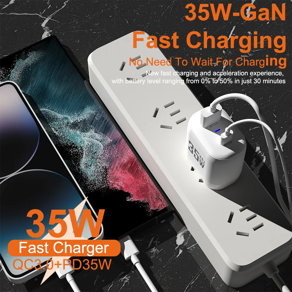 GaN USB tipo C carregador de telefone, carregamento rápido portátil, QC 3.0 adaptador de energia para iPhone 15, 14, 13, Samsung, Huawei, 35W